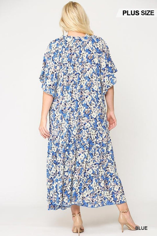 Floral Frill Detail Flowy Maxi Dress With Neck Tie