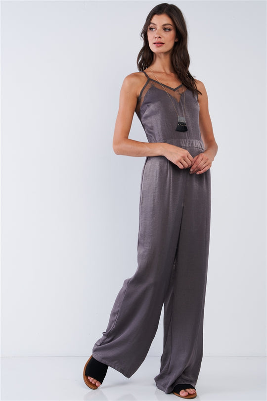 Dark Olive Chic Satin Sleeveless Mesh Hem V-neck Wide Leg Jumpsuit