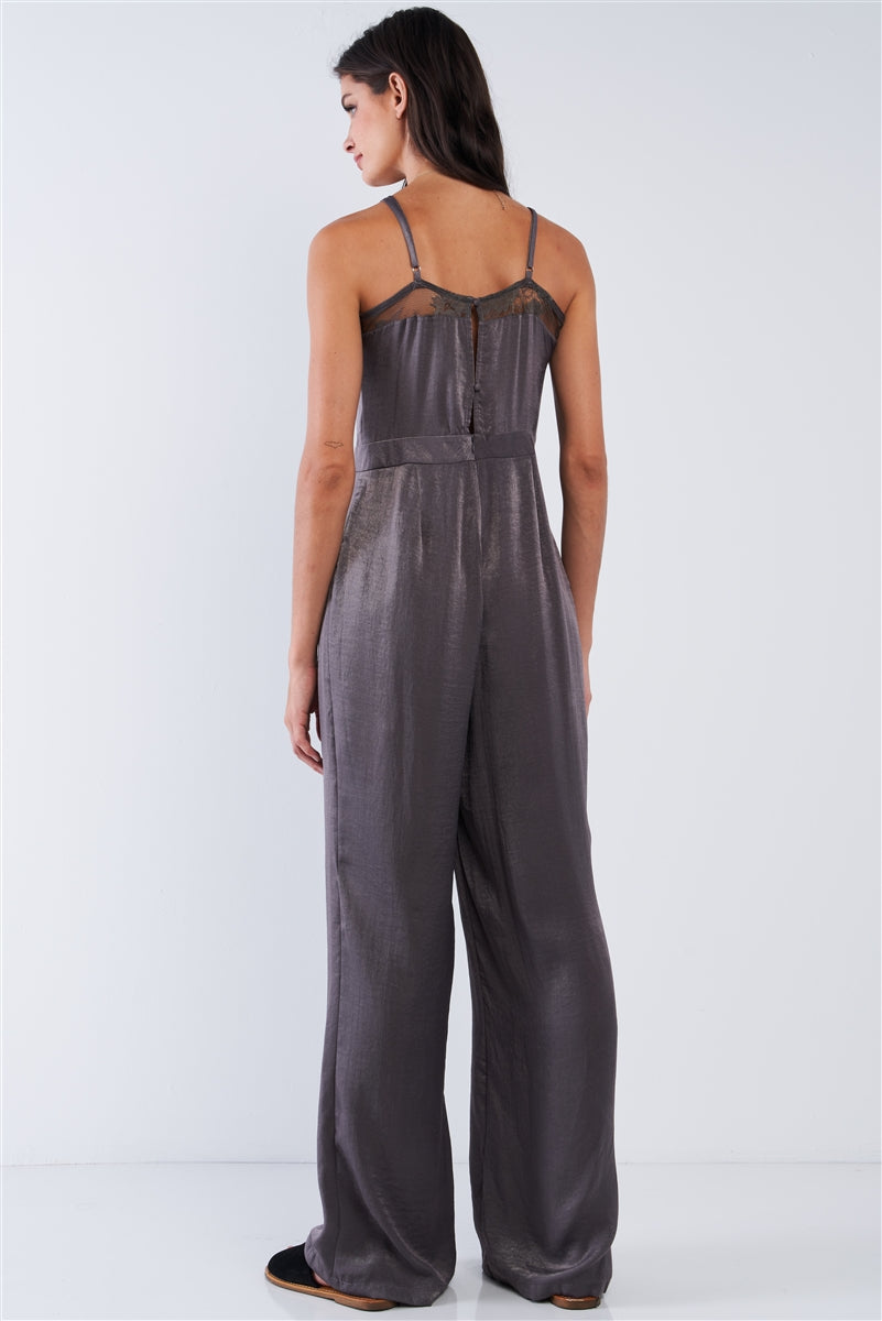 Dark Olive Chic Satin Sleeveless Mesh Hem V-neck Wide Leg Jumpsuit