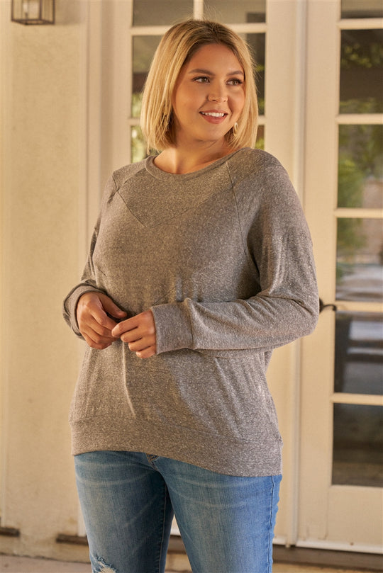 Plus Heather Grey Round Neck Long Sleeve Geometric Stitch Detail Relaxed Fit Sweatshirt