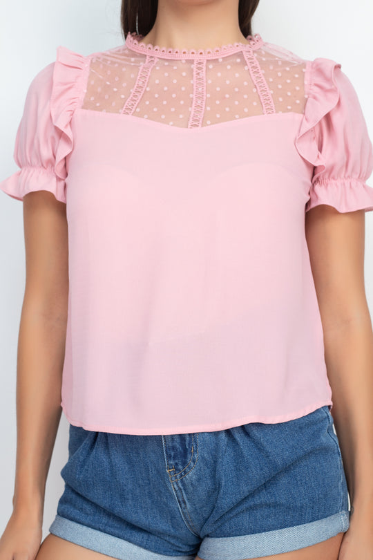 Dot Mesh Ruffled Sleeve Blouse