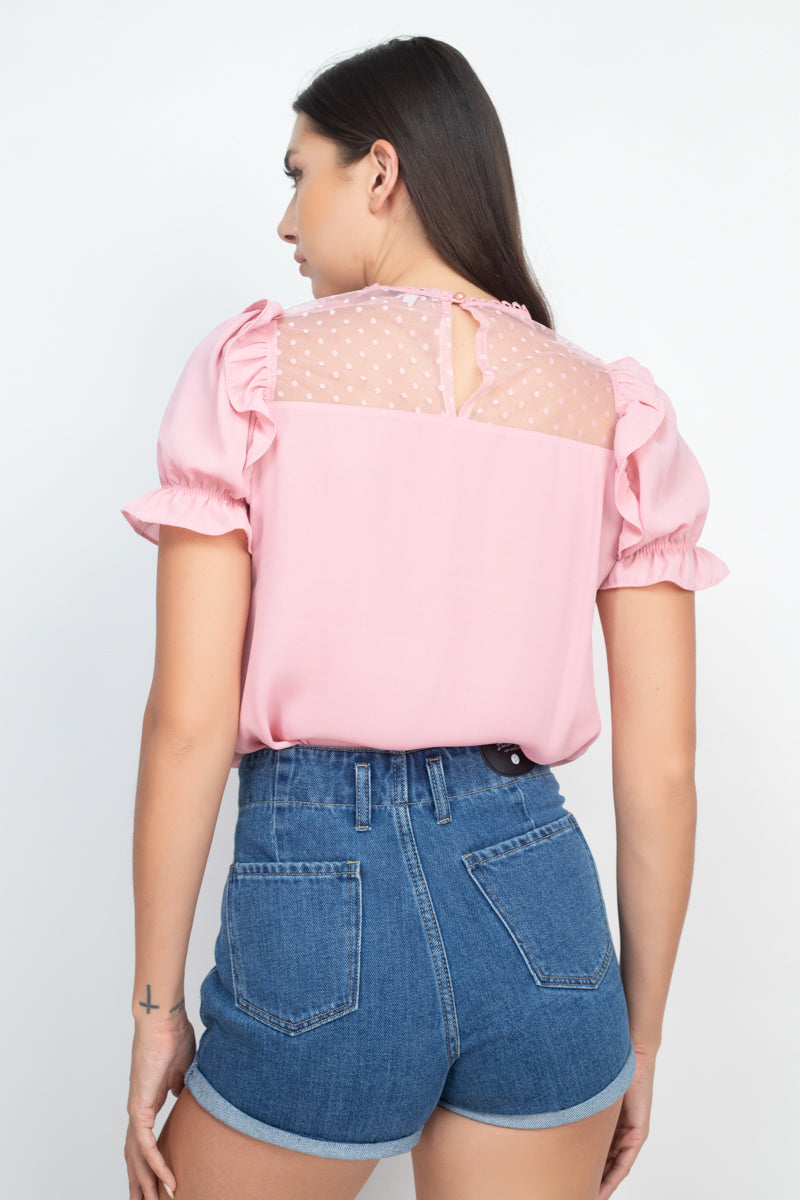 Dot Mesh Ruffled Sleeve Blouse