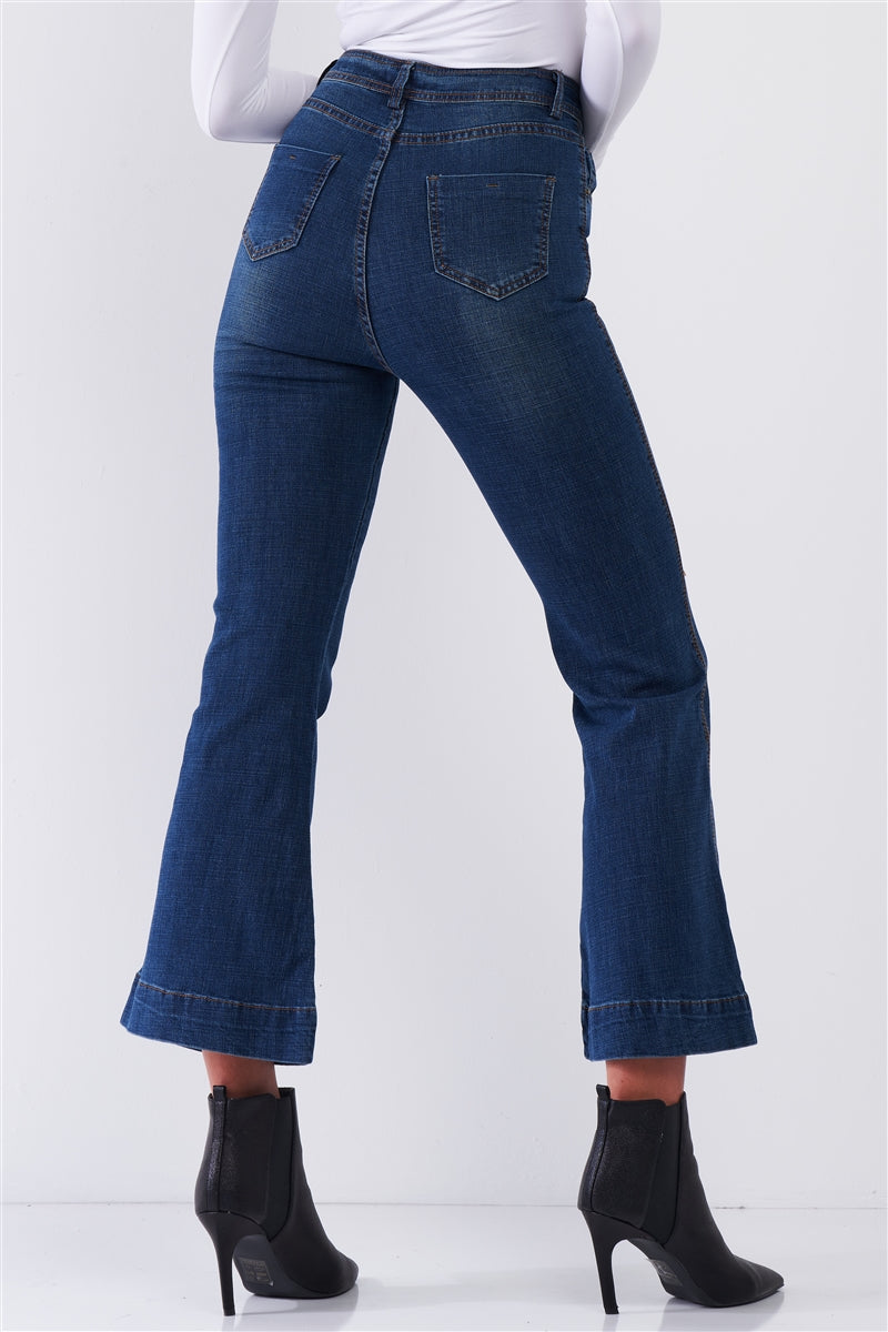 Blue Denim High Waisted Ankle Length Bell Bottom Flare Jeans