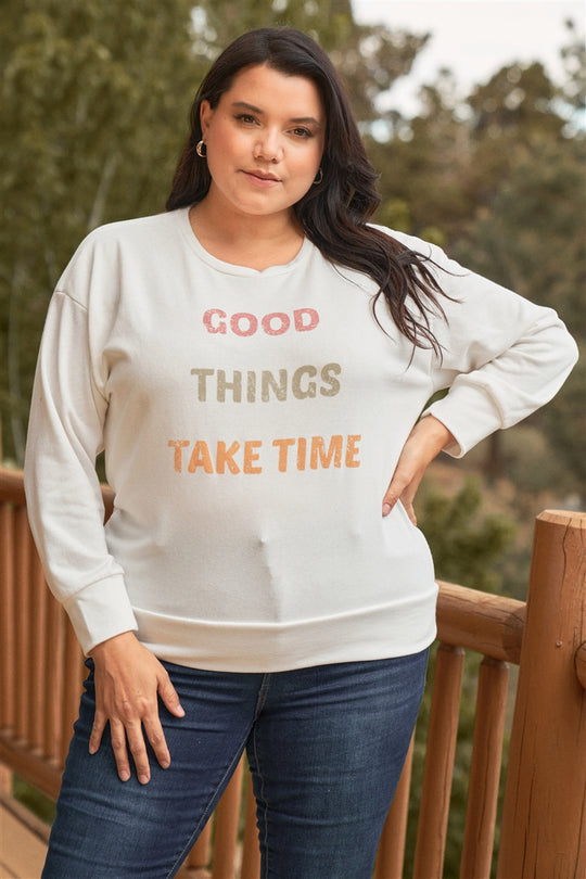 Plus White Metaphor Printed Long Sleeve Relaxed Sweatshirt Top