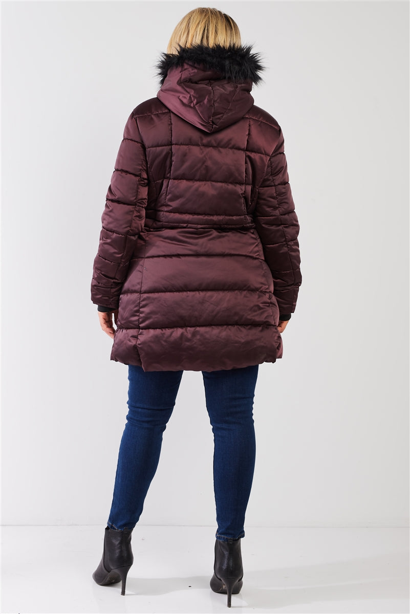 Plus Glossy Long Fitted Vegan Fur Hood Detail Winter Puffer Jacket