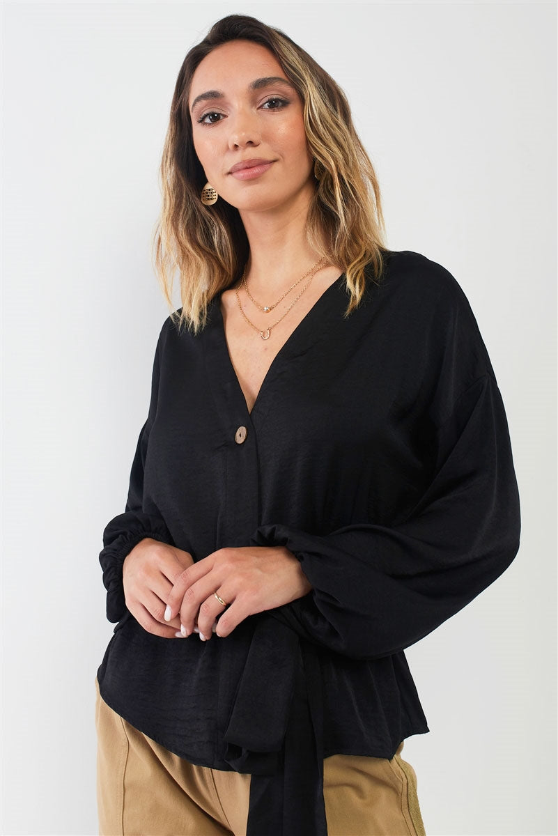 Black Satin V-neck Bishop Sleeve Self-tie Belt Relaxed Blouse Top