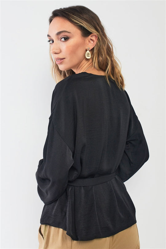 Black Satin V-neck Bishop Sleeve Self-tie Belt Relaxed Blouse Top