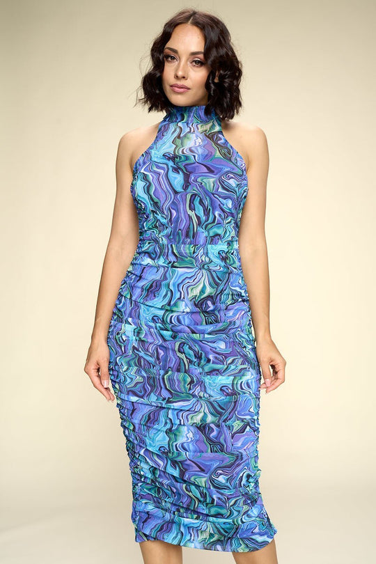 Multi-color Marble Print Midi Dress, Ruched, Small Slit