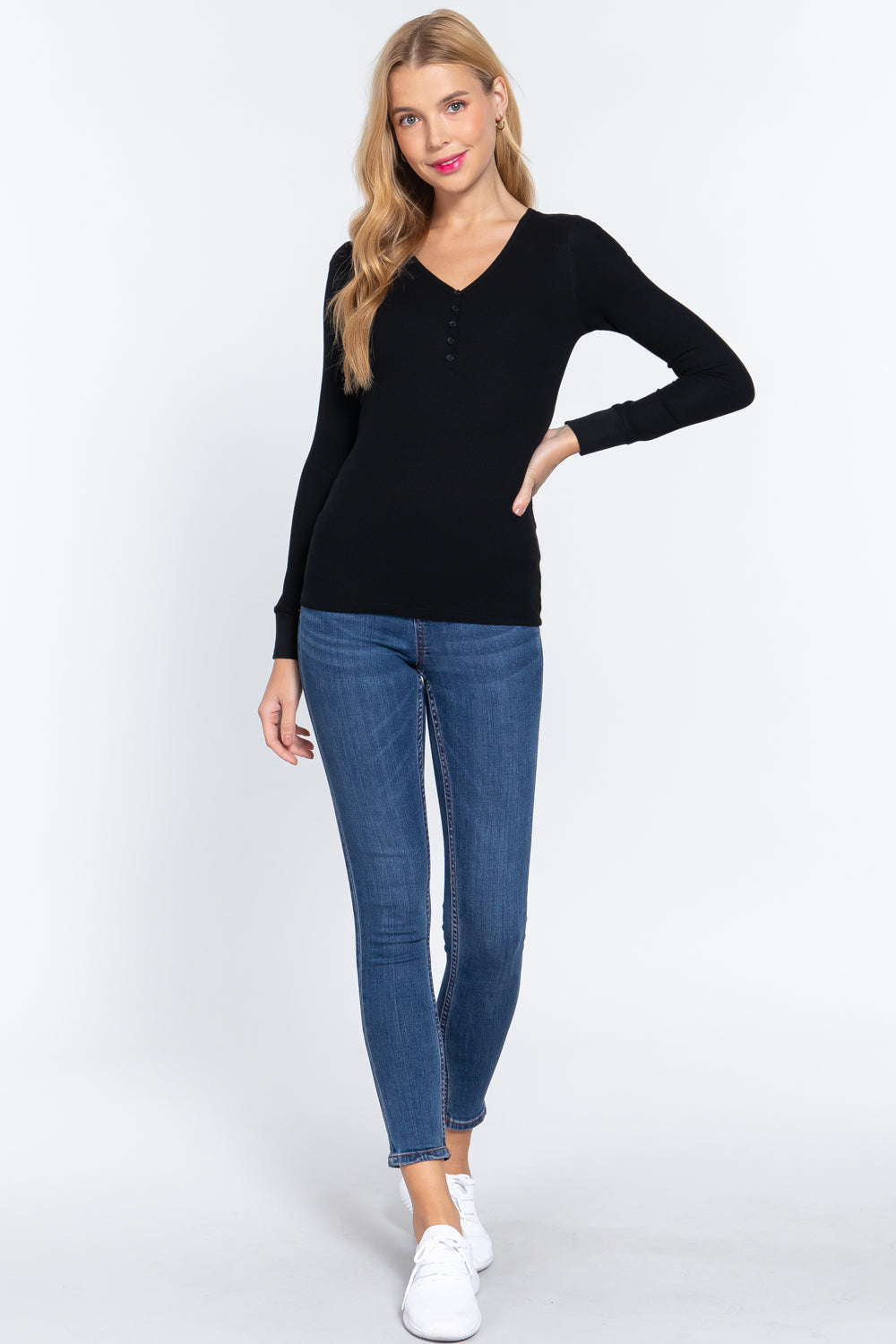 Long Slv V-neck Placket Thermal Top