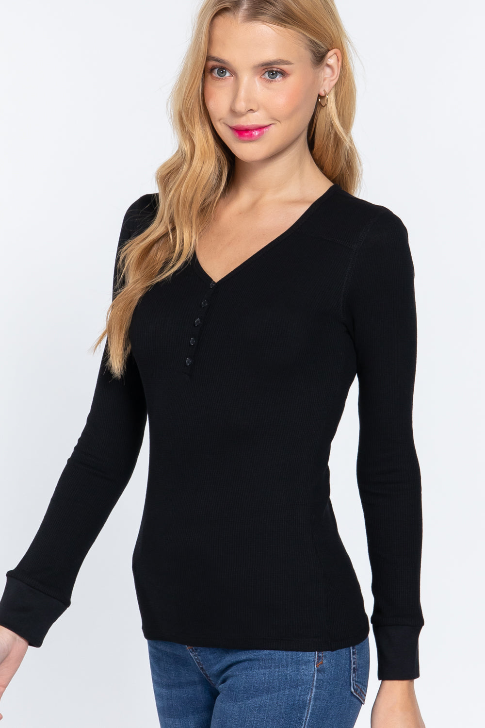 Long Slv V-neck Placket Thermal Top