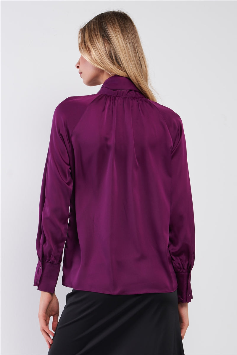 Violet Satin Long Sleeve Tie-neck Blouse Top