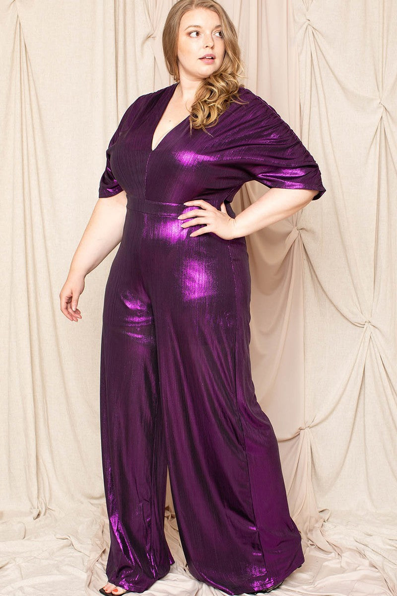 Metallic Ribbed Drop Shoulder Plus Size Jumpsuit