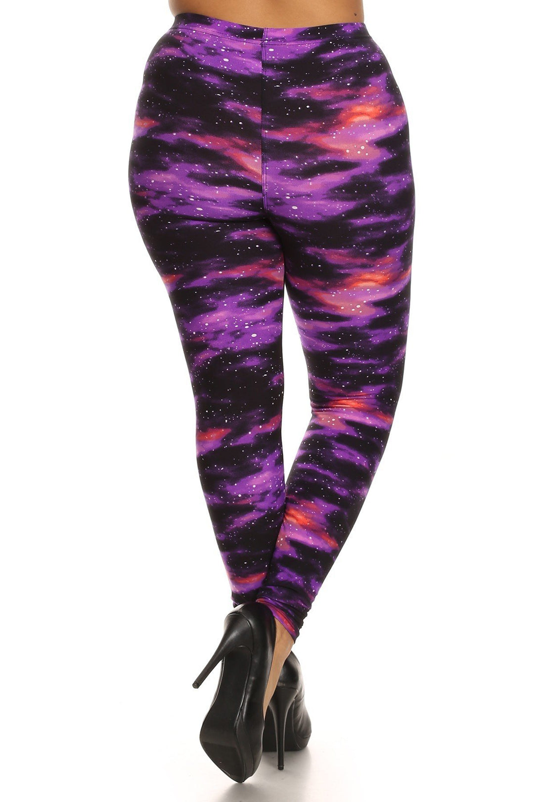 Plus Size Super Soft Peach Skin Fabric, Galaxy Graphic Printed Knit Legging With Elastic Waist Detail. High Waist Fit