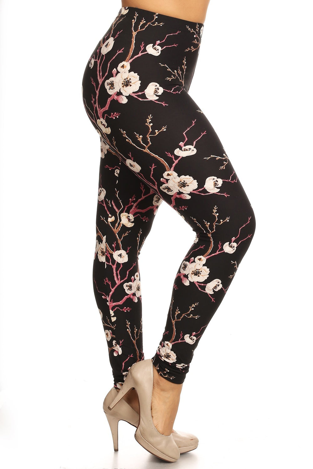 Plus Size Floral Print, Full Length Leggings In A Slim Fitting Style With A Banded High Waist