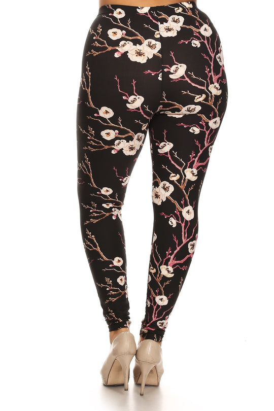 Plus Size Floral Print, Full Length Leggings In A Slim Fitting Style With A Banded High Waist