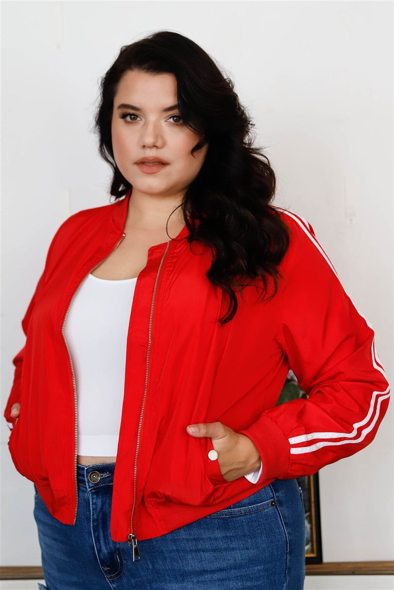 Plus Size Red & White Retro Le Mans Stripe Trim Sporty Windbreaker Bomber Jacket