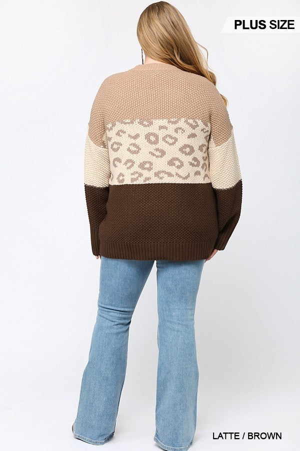 Color Block And Leopard Pattern Mixed Pullover Sweater