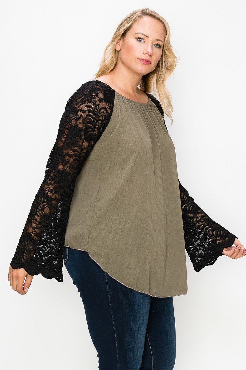 Solid Top Featuring Flattering Lace Bell Sleeves