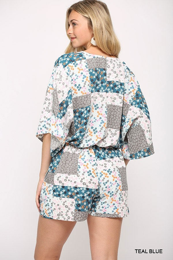 Patchwork Printed Surplice Romper With Waist Tassel Tie And Bottom Lining