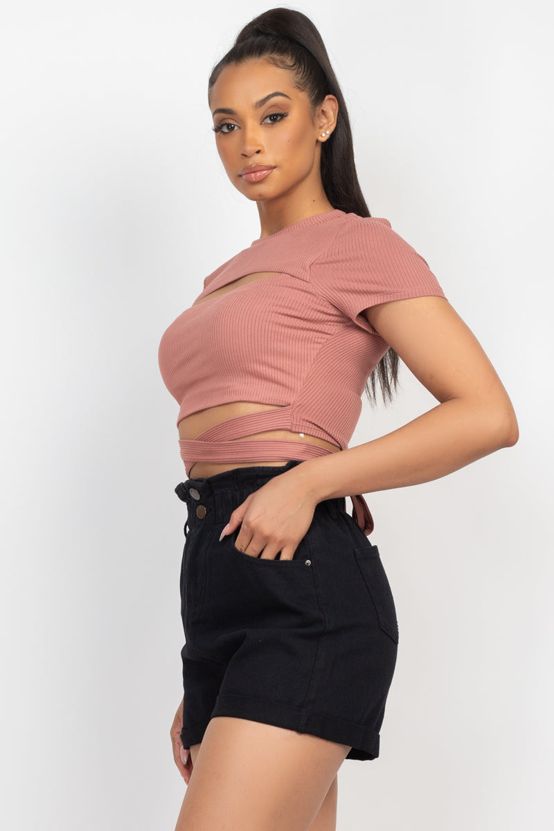 Self-tie Ribbon Front Cutout Crop Top