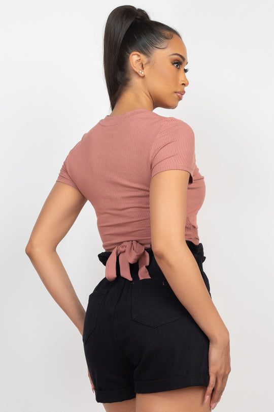 Self-tie Ribbon Front Cutout Crop Top