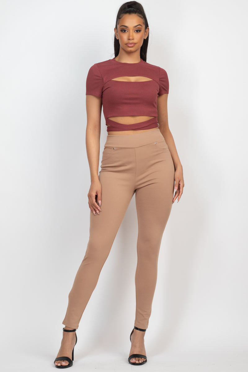 Self-tie Ribbon Front Cutout Crop Top