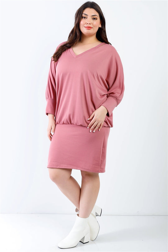 Plus Cut-out Neck Details Dolman Midi Sleeve Mini Dress