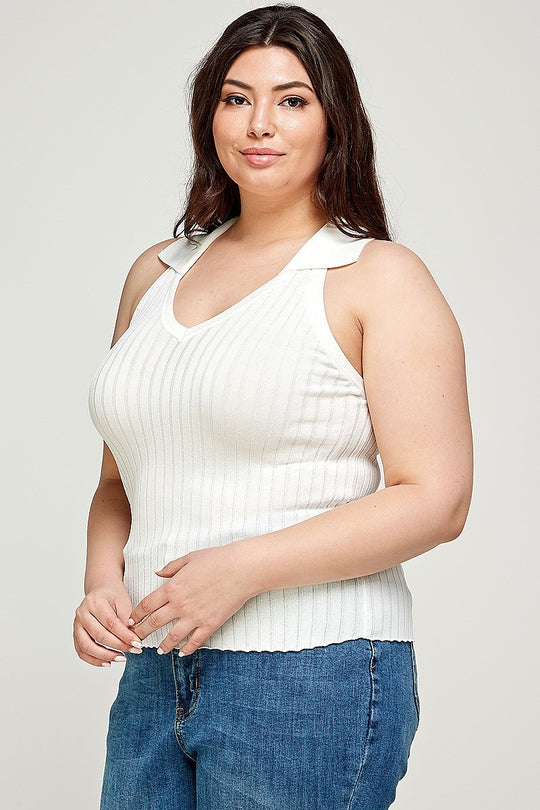 Plus Size, Solid Ribbed Knit Polo Sleeveless Top