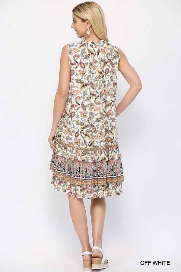 Paisley Print And Drop Down Sleeveless Dress With Ruffle Tiered And Tassel Tie