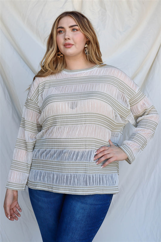 Plus Crochet Stripe Long Sleeve Semi-sheer Top