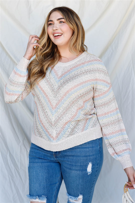 Plus Stripe Knit Cotton Blend Long Sleeve Top