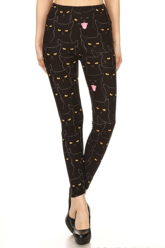 Black Cats Printed, High Waisted Leggings In A Fit Style, With An Elastic Waistband