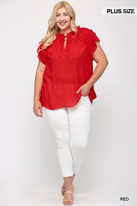 Triple Ruffle Sleeve V-neck Top With Front Tie