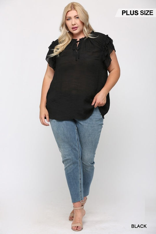 Triple Ruffle Sleeve V-neck Top With Front Tie