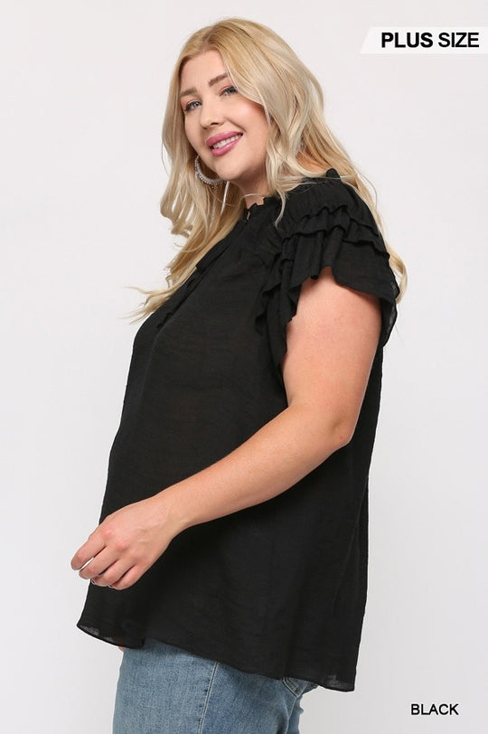 Triple Ruffle Sleeve V-neck Top With Front Tie