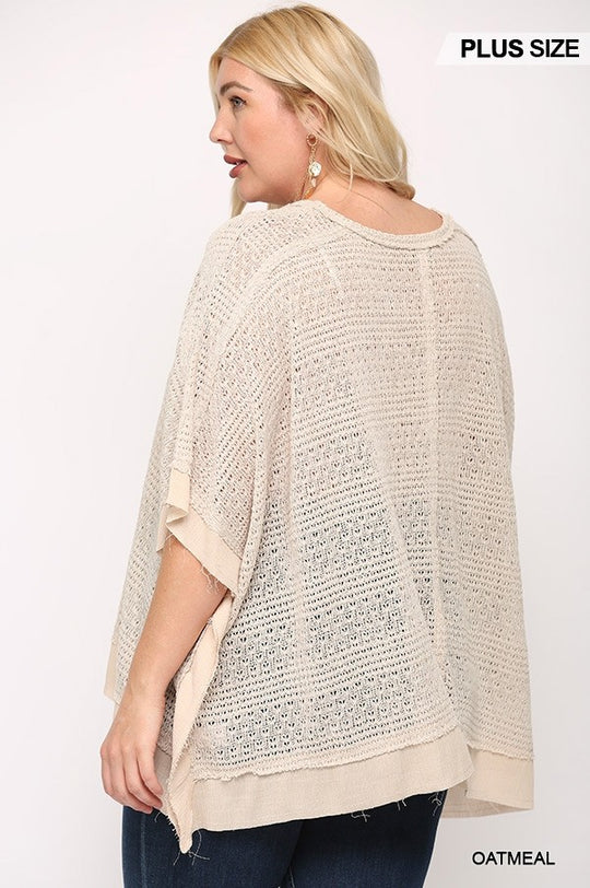 Light Knit And Woven Mixed Boxy Top With Poncho Sleeve