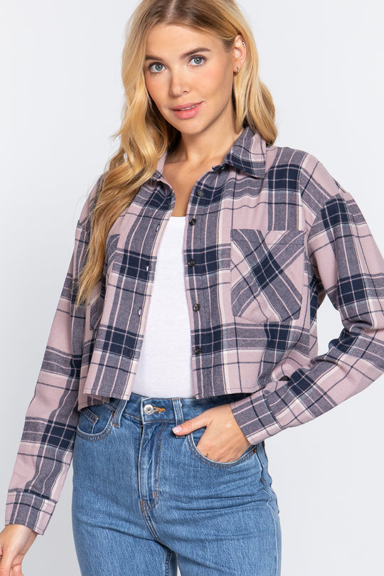 Long Slv Plaid Jacquard Crop Shirt