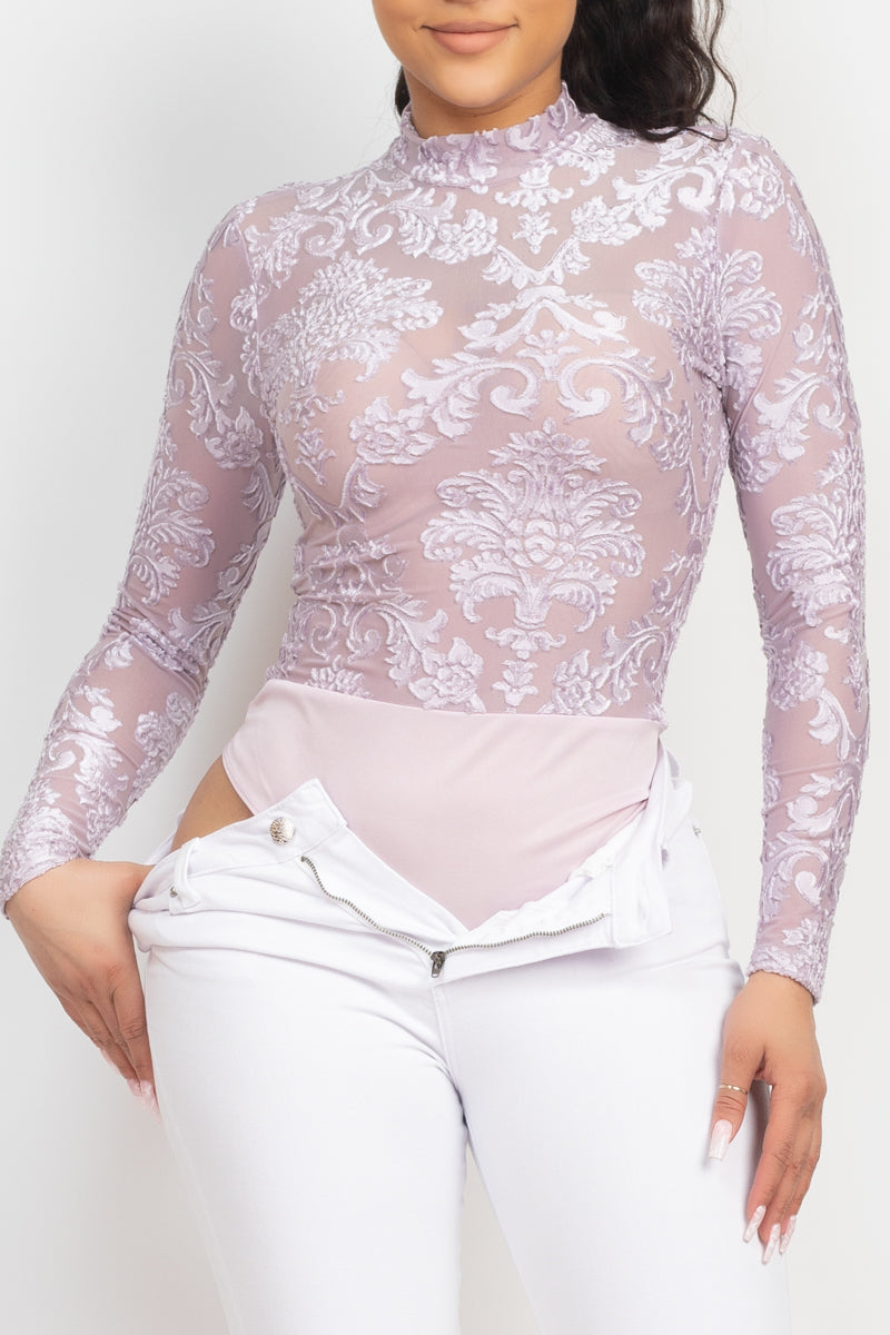 Embroidered Mock Neck Keyhole Bodysuit