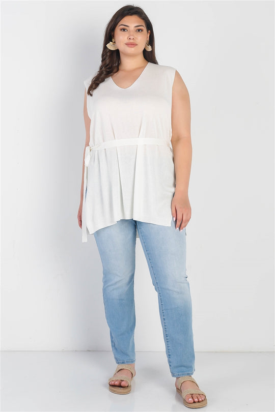 Plus White Knit Belted V-neck Sleeveless Top