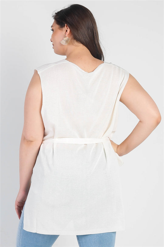 Plus White Knit Belted V-neck Sleeveless Top