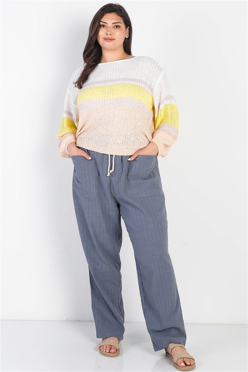 Plus White & Lemon Knit Stripe Long Sleeve Top