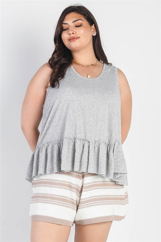 Plus Heather Grey Textured Flare Hem Sleeveless Top