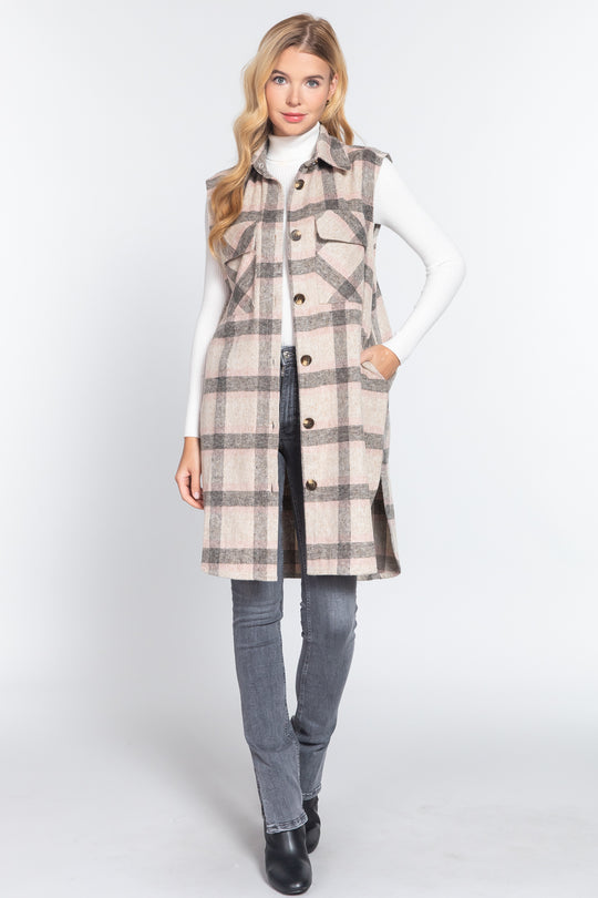 Notched Collar Brushed Plaid Vest