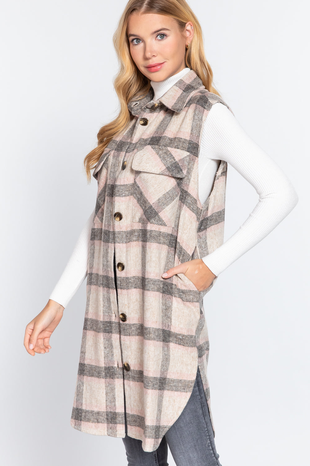 Notched Collar Brushed Plaid Vest