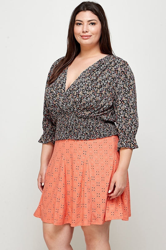 Plus Size, Ditsy Floral Print Blouse Top