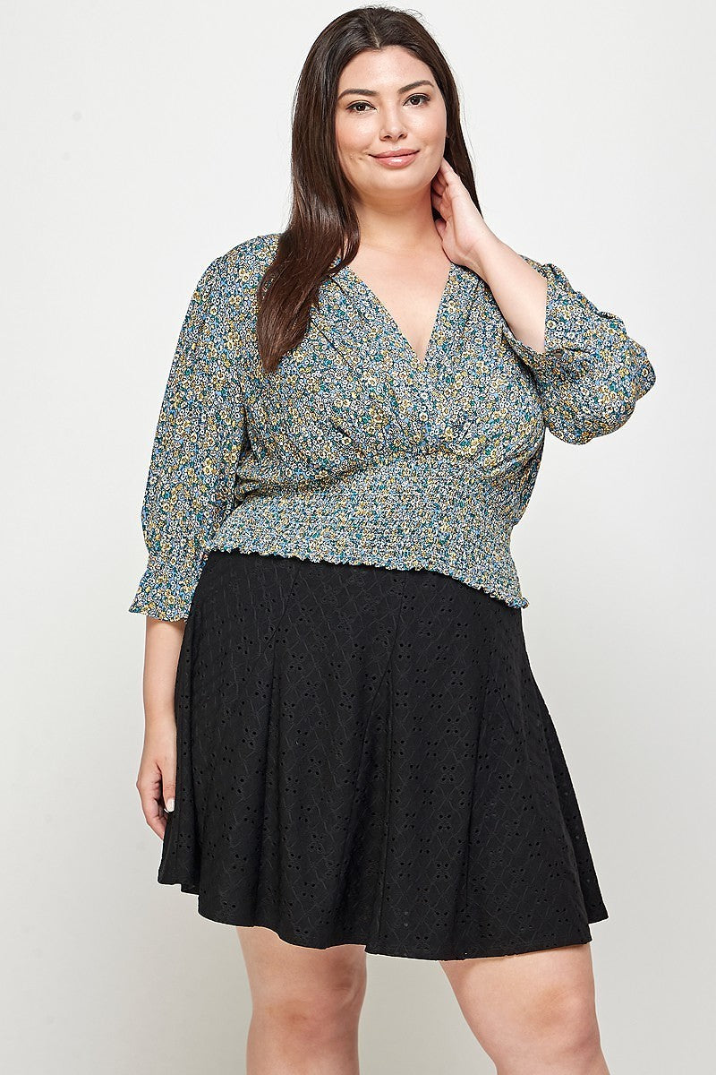 Plus Size, Ditsy Floral Print Blouse Top