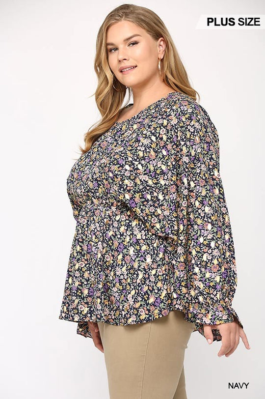 Floral And Gold Foil Woven Top With Elastic Waist And Peplum Hem