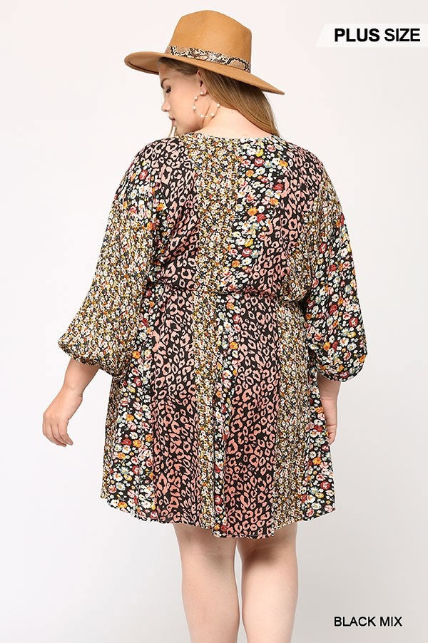 Print Mixed Dolman Sleeve Dress With Side Pockets