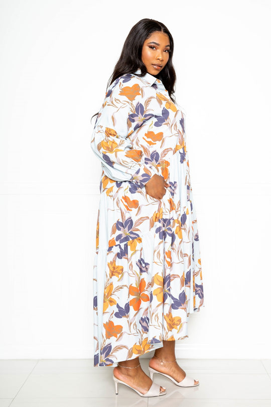 Printed Tierd Shirt Dress With Puff Sleeves