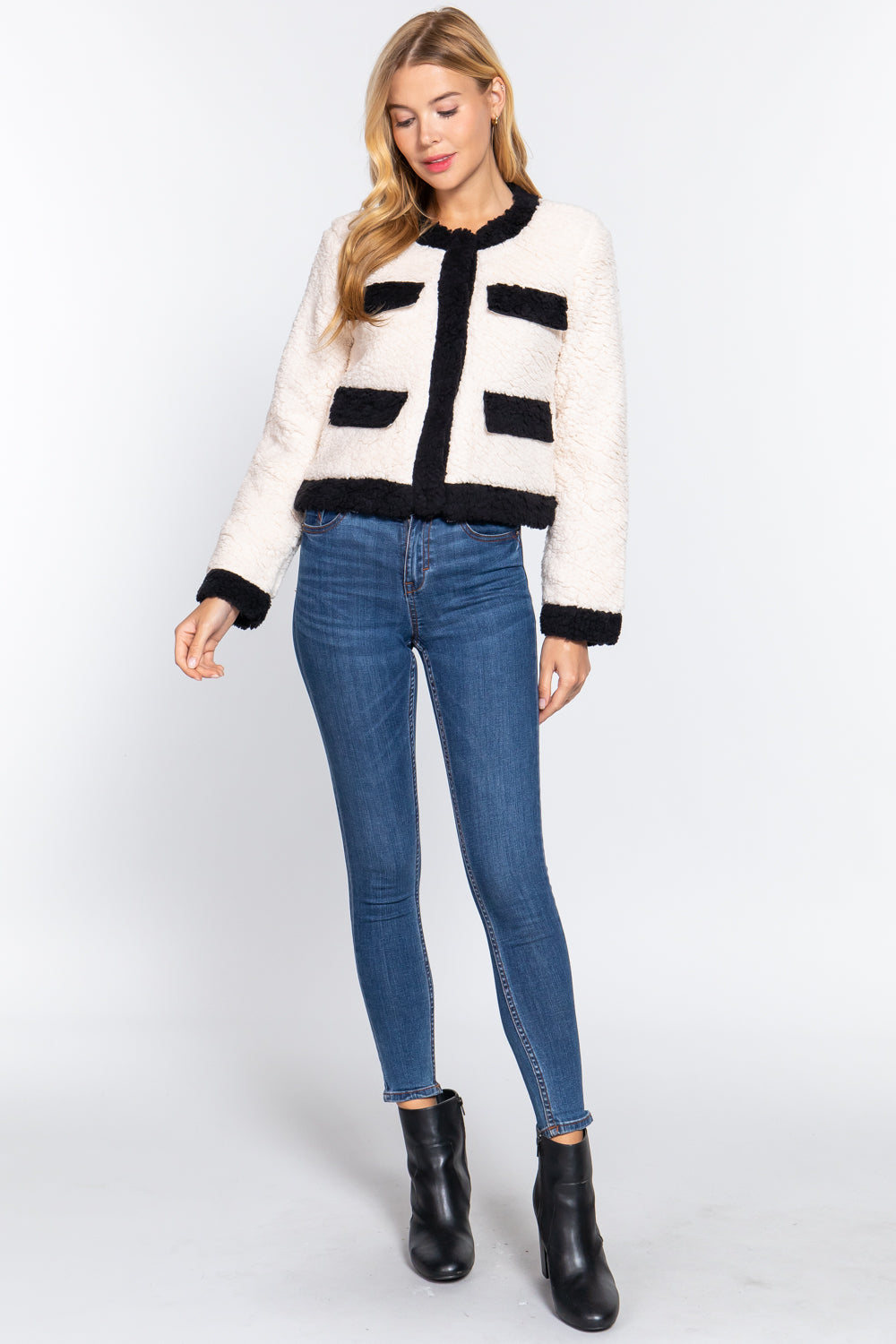 Long Sleeve Pocket Detail Faux Fur Jacket